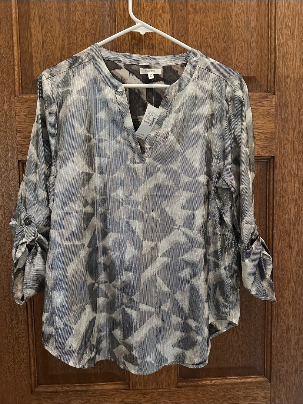 Maurice’s  black and silver Abstract Print Tunic with Roll-Tab Sleeves- metallic